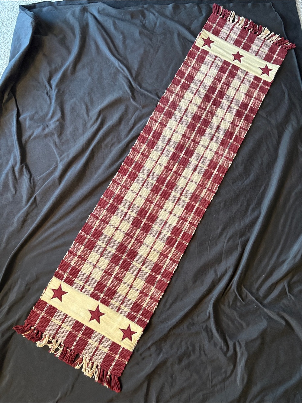 Table Runner- Burgundy and Cream Woven Plaid Runner with Star Applique - Picture 4 of 8